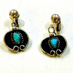 VTG 1950s Sterling Silver - NAVAJO Turquoise Screw-Back Earrings Stunning Patina
